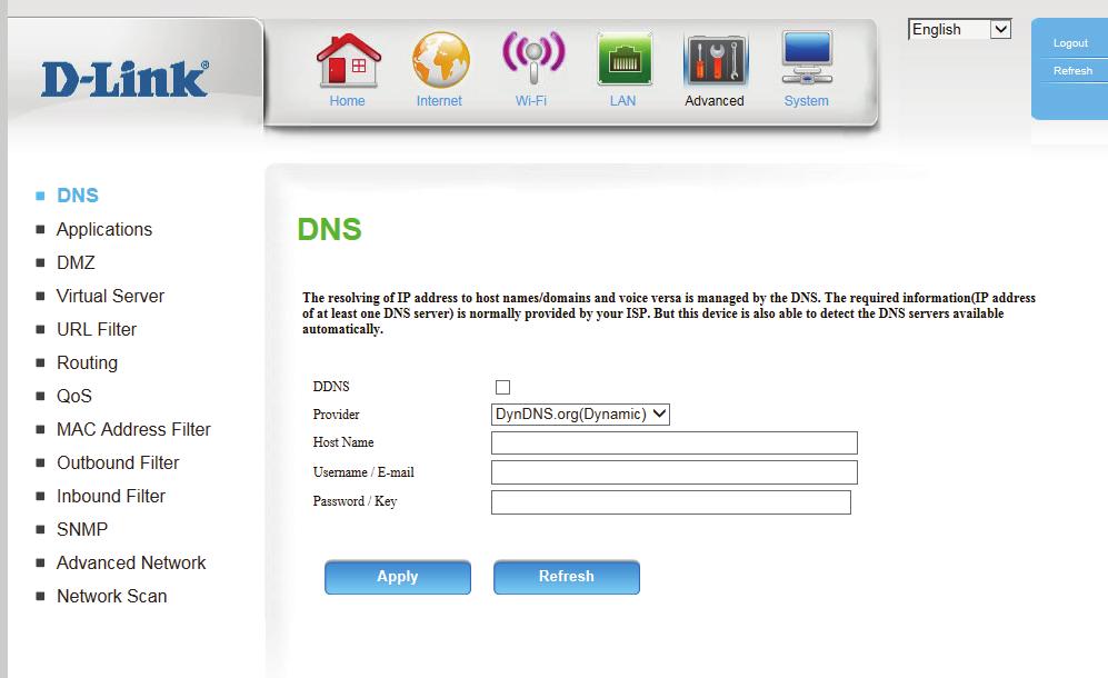 Advanced DNS On this page you can configure the Domain Name System (DNS) server, which manages the resolution of host/domain names to IP addresses.