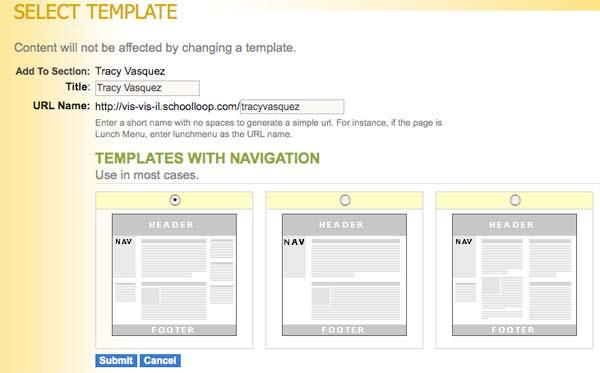 vis website building a page selecting a template 1. Click on PROPERTIES by your page name at the top of the web page. 2. The SELECT TEMPLATE screen will pop up. (fig. 1) 3.