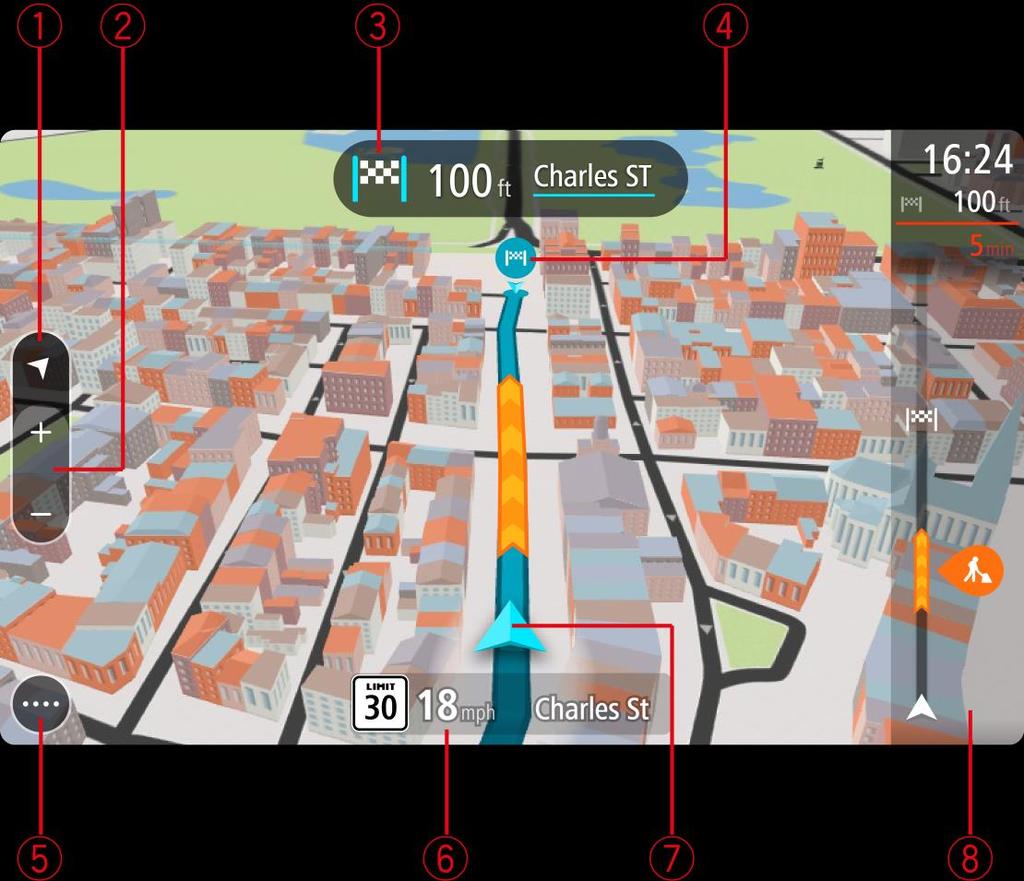 Tip: When you have planned a route and the 3D guidance view is shown, select the switch view button to change to the map view and use the interactive features.