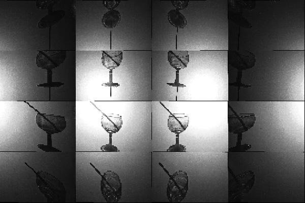 Figure 7: 16 Decoded images from a coded light field image of a wine glass and a straw(the resolution of each image is 150x100) 2.