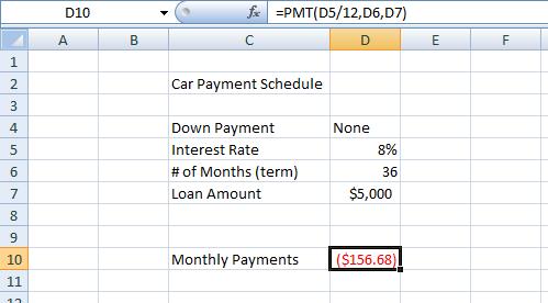 9. Click OK and Excel calculates the monthly payment and places it in Cell D10: 10. From the File Button, Save As: Payments in your documents. 11.