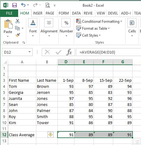 9. Hit ENTER. The average should be 90.85714. 10. Drag the Fill Handle from Cell D12 through Cell G12 to copy this formula for the remaining test score columns. 10. With Cells D12 through G12 still selected, right- click in the selected area to format the cells.