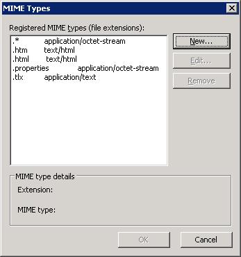 Cisco Interaction Manager Installation Guide MIME Types window 5. In the MIME Types window click the New button. The MIME Type window appears.