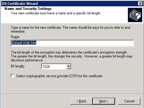 then click Next. The wizard uses the name of the current Web site by default. Name and Security Settings window 9.
