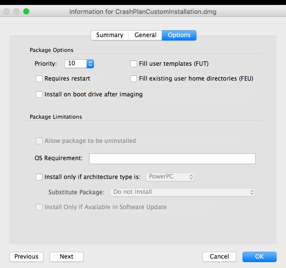 9. Click the Options tab and choose a priority to determine the order for installing the package. The recommended priority for the custom settings package is 8. 10. Click OK.