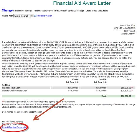 view your financial aid award letter. This option takes you directly to a page like the one shown below.