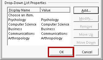 5. When finished adding values, click the OK button in the Content Control Properties window (See Figure 24).