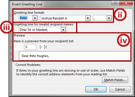 B. The Greeting Block option will allow you to add a personalized greeting to your letter. Click on Greeting Block (See Figure 68). i. The Insert Greeting Line window will open (See Figure 70).