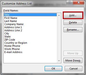 5. To add custom columns to your table, click the Customize Columns button. A. The Customize Address List window will open. To add new fields, click on Add (See Figure 79).