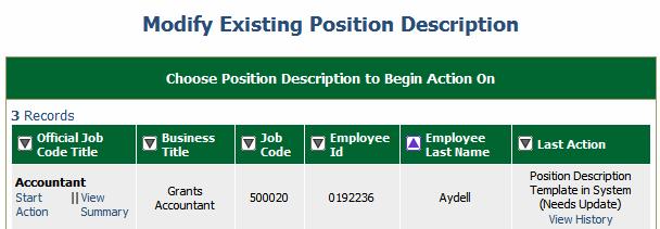 Once you have found the position you would like to update, click the Start Action link below the position title.