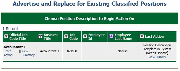 Search for the position you are requesting to advertise and select Start Action under the Official Job Code Title column.