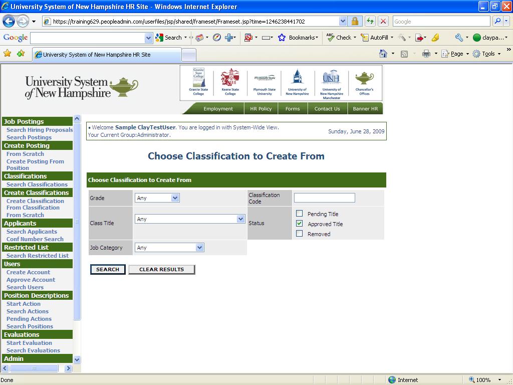 CLASSIFICATION TITLES The Classification section on the left hand side of the screen is changeable by Administrator users only.