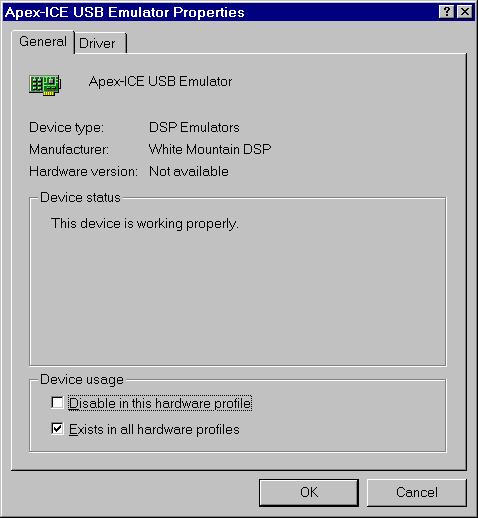 The Apex-ICE USB Emulator Properties dialog box appears as shown in figure 7, showing the status of the Apex-ICE. The device status should indicate that the device is working properly.