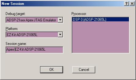 To create the VisualDSP++ Session: 1. Verify that the Apex-ICE device is connected and powered on. 2. Run the IceCfg utility located in the VisualDSP/System directory. This sets up DSP target types.