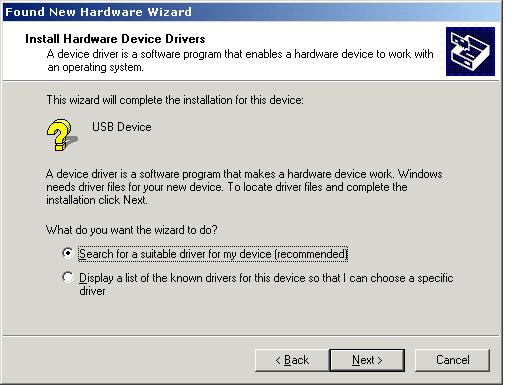 3. The connection of the device to the USB port will activate the Windows 2000 Found New Hardware Wizard as shown in figure 8. Click Next. Figure 8.