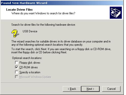 5. In the Locate Driver Files dialog box ensure the CD-ROM drivers box is checked and click Next.