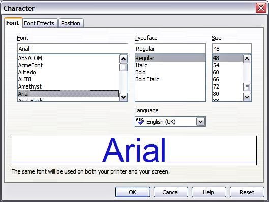 Figure 5: The dialog box to set the basic font attributes This page is available when creating or modifying a presentation style or a