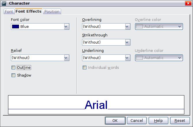 Font Effects page Use the Font Effects page, shown in Figure 7, to apply special effects to the text, such as overlining and underlining, color, shadow and so on.