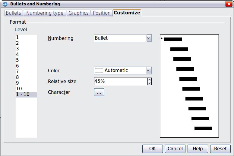 Figure 16: The Customize page for the list outline Depending on the numbering style selected in the Numbering box (bullet, graphic, numbering), some of the following options become available on the