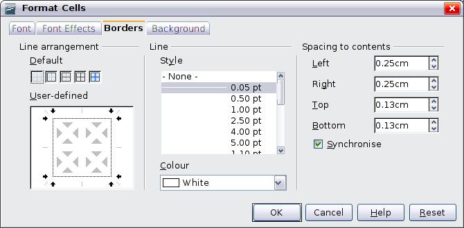 Figure 23: The Format Cells dialog box showing the Borders page Borders: here you can set advanced properties not available from the Table Toolbar, such as the spacing between the text and the border