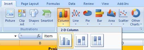 Select the data to chart Click the Insert tab Choose the Chart category in the Charts group Select the Chart type in