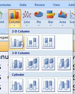 Charts To create a chart: Select the cells that you want to chart, including the column titles and the row