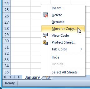 Selecting the Move or Copy command 1. The Move or Copy dialog box appears.