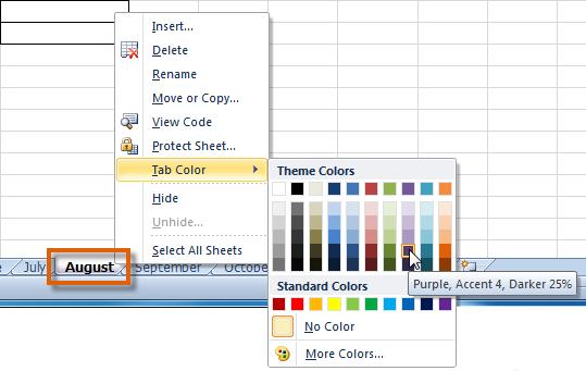 Changing the worksheet tab color 4. The tab color will change in the workbook. If your tab still appears white, that is because the worksheet is still selected.