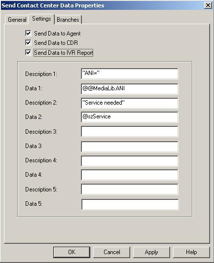 See Figure 8 for a screen shot of the Settings tab of the Send Contact Center Data Properties dialogue box.