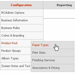 Step 3: Configuring your Product Pool From the RedCart Admin menu, click on Configuration Product Pool Paper Types.