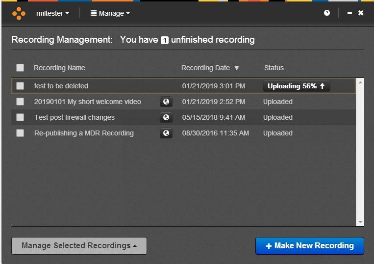 11. Once you finish the recording, it will finish uploading automatically to your My Mediasite portal to be processed.