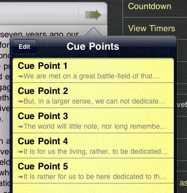 Tap Add Cue Point. Teleprompt+ will insert a small symbol ( ) in your script to mark the position of the cue point.