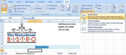 xlsx open, make C10 active. Click View tab. Click Freeze Panes in Window group. Click Freeze Panes at drop-down list.