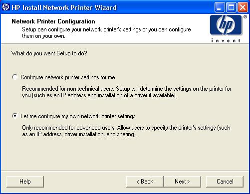 Network Printer Configuration select the Let me configure. Radio button and click Next to continue.