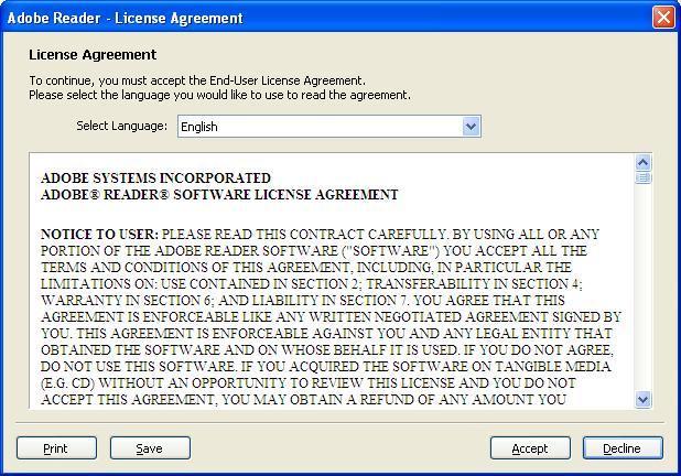 Figure 82 Accepting the Adobe Reader License 8. Close the Adobe application by clicking the X in the upper right hand corner.