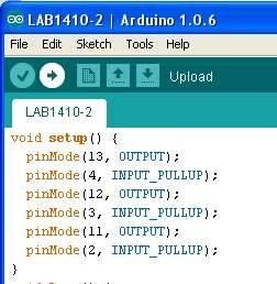 6.Remove JP2 to JP4 from FK1410 board. 7.Open LAB1410-2 in folder FK1410 and download this program to Arduino UNO R3 board. Figure 14. Downloading LAB1410-2 program 8.