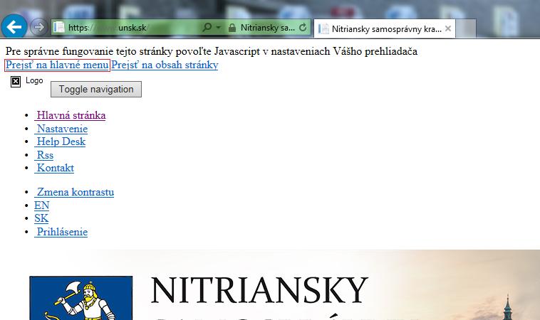 Nitra Self-governing Region Next figure displays homepage of the Nitra Self-governing Region, with style sheets and active elements turned off. The analysed skip link is marked by red rectangle.