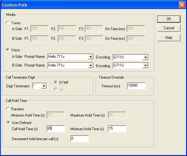 5. Right click on the Confirm Path action object and click properties. From this window, shown in Figure 17, the user can select to use either Tones or Voice media in the test.