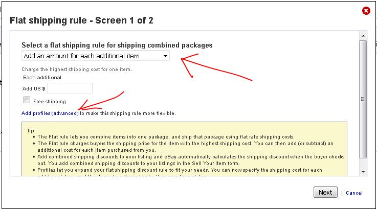 Second step : Combined shipping rules Click Create (next screens are snapshots of ebay.com and the currency is US$, on ebay.