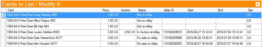 The Top part simply list the cards that you saved / modified with a EBF/EBA status The upper right check button will do a simulation with ebay for the selected line.