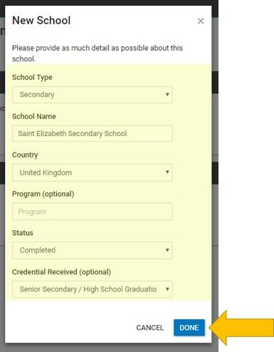 1. In the pop-up window, fill out the details of the Applicant s previous and current schooling.
