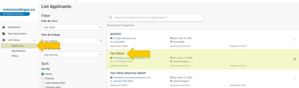 4. On the applicant dashboard click
