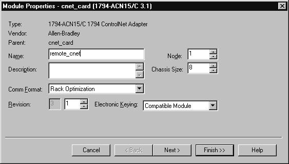 Add and configure the remote I/O modules on the remote communication module you just added. The local daughtercard becomes the parent module to the remote module.