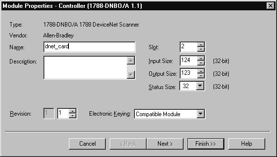 Communicating with Devices on a DeviceNet Link 6-3 Step 2: Configure the daughtercard as part of the system Use RSLogix 5000 programming software to map the 1788-DNBO card as part of the FlexLogix