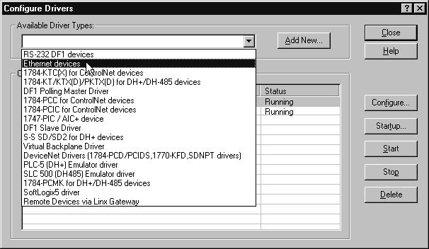4-4 Communicating with Devices on an EtherNet/IP Link 3. Click on the arrow to the right of the Available Driver Types box. The Available Driver Types list will appear. 4.