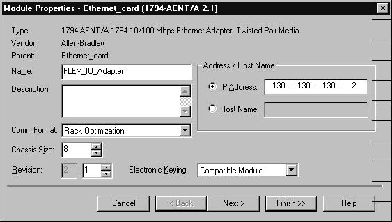 Right-click to select New Module and add a 1794-AENT Ethernet adapter. 3. Specify the appropriate adapter settings. 4.