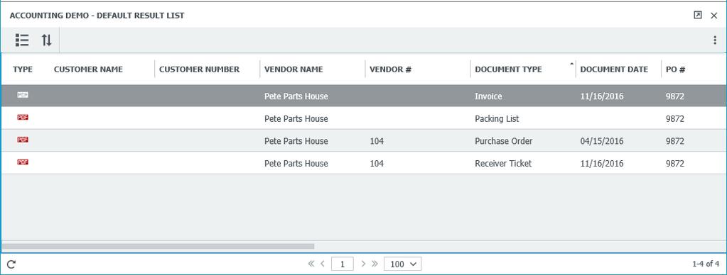 With the web client open or not, a result list opens, showing all documents that match the PO #.