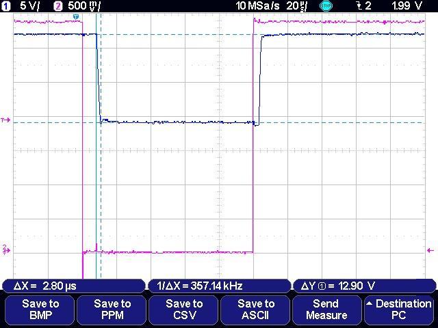 3.4 Timing and performance diagrams Bus voltage (blue) at the transition of the TXD signal (purple) on a load of 10 kohm between both bus terminals, test at 9600 bps Bus voltage (blue) at the