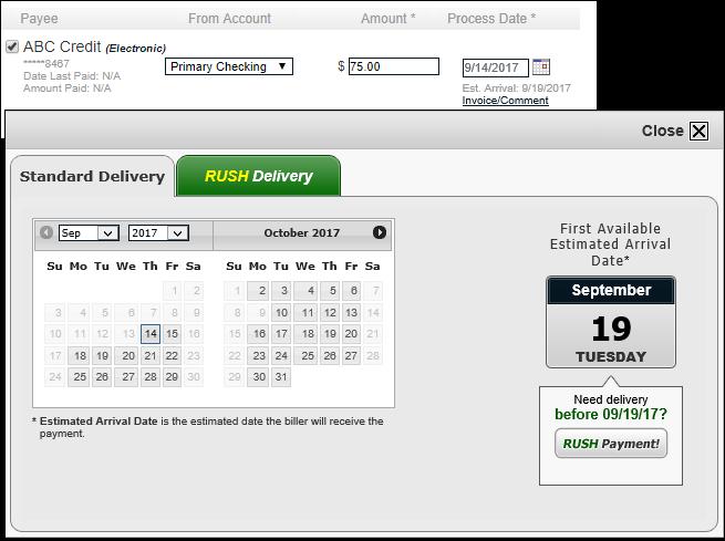 Payment Date Calendar A subscriber clicks on the calendar to choose their payment date. There are two options: Standard Delivery or RUSH Delivery.