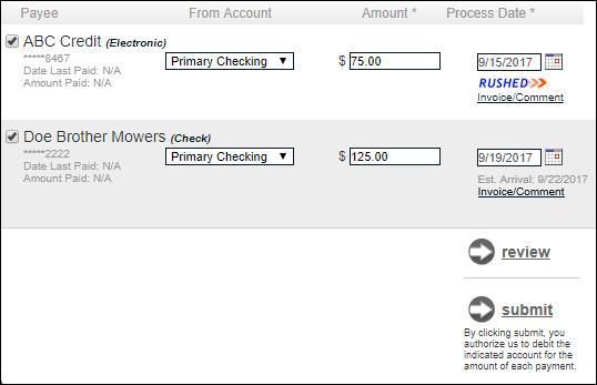 Payment Confirmation Once payments are scheduled, confirmation numbers appear.